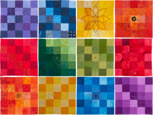 12 Regenbogen farbige, quadratische Quilts